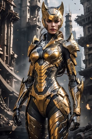 ultra hyper detailed, hyper Realistic Medieval  cyborg animal､high-tech cyborg female catwoman､Medieval style golden and black plate Armor, very muscular build
DESTROYed Skyscraper