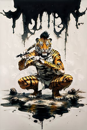 EpicArt, a crouching tiger, Chinese ink paint,water inkSpot,White and white,Chinese style