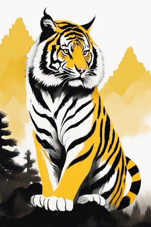chinese ink drawing, very detailed, high resolution, 8k, yellow mountain tiger, full body, pine trees, white background, simple background, branch, brush strokes, ink lines.,Xxmix_Catecat