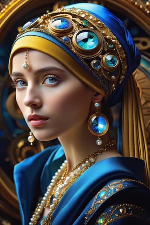 Opulence and sofistication, intricate and colorful image of the girl with the pearl earring wearing a time-piece outfit with ultra detailed glowing fractal glass elements, professional cinematic results, sense of awe and beauty, hyperdetailed face, 8k UHD, sharp focus on eyes , johannes vermeer style,Digital painting ,  colorful rendition ,steampunk style, hazel eyes, shap focus on eyes ,Monster,arcane, prismatic glow elements ,ColorART,  warm brown eyes,art by sargent
