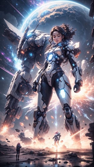 (32k), (masterpiece), (best quality),(extremely intricate), (realistic), (sharp focus), (award winning), (cinematic lighting), (extremely detailed), 

A young woman with long, flowing black hair stands tall in the cockpit of her towering white mech suit, her face illuminated by the glow of the stars. The mech suit is a marvel of engineering, with sleek lines and powerful weaponry. The woman herself is a skilled warrior, trained in the arts of combat and piloting.
Her eyes closed and a serene smile on her face.

She is standing in front of a vast nebula, its swirling colors creating a breathtaking backdrop. The nebula is home to a variety of alien lifeforms, some of which are hostile to humanity. But the woman is not afraid. She is here to protect her people and to explore the unknown.

She raises her fist in a gesture of defiance, and her mech suit roars to life. She is ready to face whatever challenges the nebula may throw her way.

Details:

The woman is a space mecha pilot / space warrior.
She has long, flowing pink hair.
She is wearing a white bodytight spacesuit.
She is standing in the cockpit of her towering white mech suit.
She is standing in front of a vast nebula.
She raises her fist in a gesture of defiance.
Her eyes closed and a serene smile on her face

,mecha,EpicSky,DonMPl4sm4T3chXL 