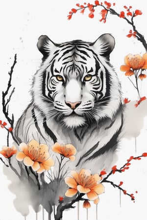 chinese ink drawing, very detailed, high resolution, 8k, mountain tiger, full body, flower, white background, simple background, branch, brush strokes, ink lines.,Xxmix_Catecat