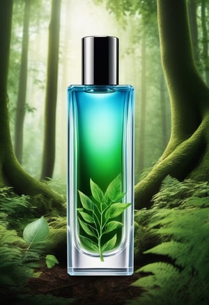 Create an image of a perfume vial that pays blue and green color sky and forest, with a subtle yet unmistakable logo as Hepalink, reflecting energy and vitality.