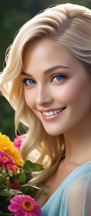 A beautiful blond hair angel : short made outfit "Imagine a hyper-realistic depiction of a European woman in a moment of sheer contentment. Her deep blue eyes radiate a sense of joy and serenity, contrasting beautifully with her long, flowing black hair that cascades down her back. She has a radiant smile, a light, natural smile that reflects her inner happiness. Her face is illuminated by this smile, adding to her charm and allure. She's dressed in a maide crafted outfit that appears to be a harmonious extension of her surroundings. The attire should feature earthy tones and natural textures, blending seamlessly with her surroundings. In this serene scene, the woman is gently watering a variety of colorful and vibrant flowers, showcasing her nurturing and caring nature. Each detail, from the droplets of water on the petals to the play of light and blowing blond hair, shadow, should be portrayed with utmost realism. This image captures the beauty of the moment and the maide woman's connection to nature, creating a sense of tranquility and beauty." Photographic cinematic super super high detailed super realistic image,