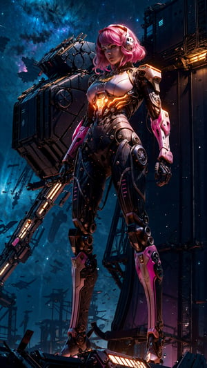 (32k), (masterpiece), (best quality),(extremely intricate), (realistic), (sharp focus), (award winning), (cinematic lighting), (extremely detailed), 

A female titan with long, flowing pink hair stands tall in the cockpit of her towering black mech suit, her face illuminated by the glow of the stars. The mech suit is a marvel of destruction, with sleek lines and powerful weaponry. The woman herself is a skilled warrior, trained in the arts of combat and piloting.

She is standing in front of a vast nebula, its swirling colors creating a breathtaking backdrop. The nebula is home to a variety of alien lifeforms, some of which are hostile to humanity. But the woman is not afraid. She is here to protect her people and to explore the unknown.

She raises her fist in a gesture of defiance, and her mech suit roars to life. She is ready to face whatever challenges the nebula may throw her way.

Details:

The woman is a space mecha pilot / space warrior.
She has long, flowing pink hair.
She is wearing a white bodytight spacesuit.
She is standing in the cockpit of her towering white mech suit.
She is standing in front of a vast nebula.
She raises her fist in a gesture of defiance.,mecha ,mecha,PD-802,cyberpunk