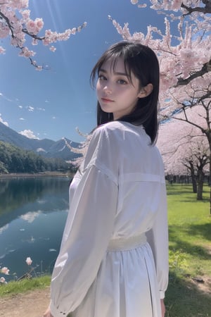 32K (high-definition), A middle-aged lady wearing white clothes stood in a place full of peach blossoms, with her back to the audience, looking at the green mountains opposite, with green river flowing under the green mountains., photo r3al, , , , , 