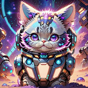 Cat: Wearing mecha armor, sci-fi style, cute expression, fluffy appearance.
Mecha Armor: High-tech appearance, metallic texture, decorative details, snugly fitted on the cat.
Style: Sci-fi theme, futuristic, bright colors, cute cartoon style.
Background: Outer space, stars, galaxies, elements of deep space.
Lighting and Shadows: Neon lights, blue-purple radiance, high-tech lighting effects.
Emotions: Cat's curiosity, excitement, the power of mecha, high-tech ambiance.
These prompts should help AI create an image of an adorable cat wearing sci-fi mecha armor in a cute and futuristic style. Feel free to provide any additional details or preferences to ensure the result matches your expectations, capturing the sci-fi and cute aesthetic you desire.