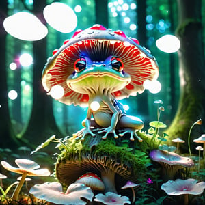 Frog: Vivid green, smooth skin, big eyes, perched on a huge and beautiful mushroom.
Mushroom: Enormous, majestic, rounded cap, red with white spots, sturdy mushroom stem.
Background: Fairy-tale forest, towering trees, colorful and vibrant flowers, mystical woodland scenery.
Lighting: Soft sunlight, rays of light through the leaves, illuminating the mushroom and the frog.
Emotion: Fantasy, mystery, the enchantment of nature, harmony.
These prompts will help the AI understand your request to create an image of a beautiful frog perched on a large and attractive mushroom in the backdrop of a fairy-tale forest. Feel free to provide any additional details or preferences to ensure the result aligns with your vision.