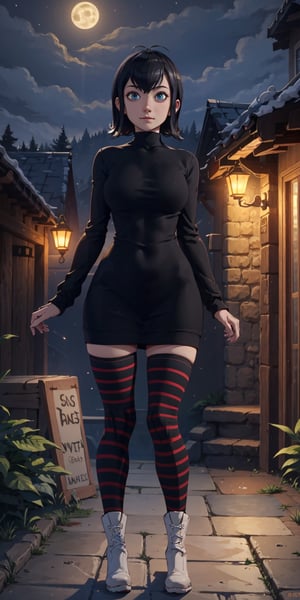 masterpiece, best quality, absurdres, perfect anatomy, 1girl, solo, outdoors, night, midnight, full_body, feet, standing_up, facing_viewer, looking_at_viewer, slim_body, large_bresast, mavis dracula, black dress, long_sleeves, striped thighhighs, boots, 