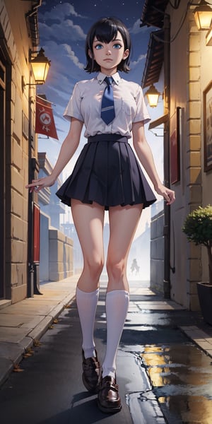 masterpiece, best quality, absurdres, perfect anatomy, 1girl, solo, outdoors, night, midnight, full_body, feet, standing_up, facing_viewer, looking_at_viewer, slim_body, large_bresast, mavis dracula, short hair, black hair, blue eyes, school uniform, micro_skirt, green_skirt, white_shirt, red_tie, loafers_shoes,