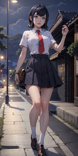 masterpiece, best quality, absurdres, perfect anatomy, 1girl, solo, outdoors, night, midnight, full_body, feet, standing_up, facing_viewer, looking_at_viewer, slim_body, large_bresast, mavis dracula, short hair, black hair, blue eyes, school uniform, micro_skirt, green_skirt, white_shirt, red_tie, loafers_shoes,