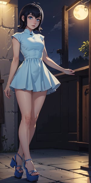 masterpiece, best quality, absurdres, perfect anatomy, 1girl, solo, outdoors, night, midnight, full_body, feet, standing_up, facing_viewer, looking_at_viewer, slim_body, large_bresast, mavis dracula, short hair, black hair, blue eyes, heels, sundress, wedges,