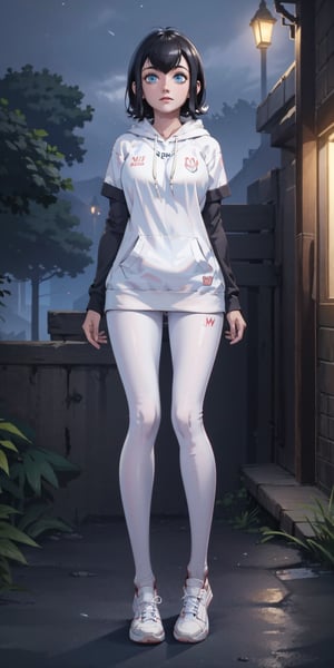 masterpiece, best quality, absurdres, perfect anatomy, 1girl, solo, outdoors, night, midnight, full_body, feet, standing_up, facing_viewer, looking_at_viewer, slim_body, large_bresast, mavis dracula, short hair, black hair, blue eyes, hoodie, white pantyhose, white shoes