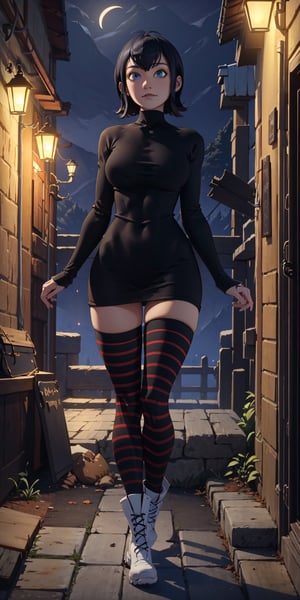 masterpiece, best quality, absurdres, perfect anatomy, 1girl, solo, outdoors, night, midnight, full_body, feet, standing_up, facing_viewer, looking_at_viewer, slim_body, large_bresast, mavis dracula, black dress, striped thighhighs, boots