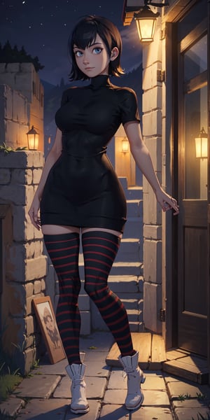 masterpiece, best quality, absurdres, perfect anatomy, 1girl, solo, outdoors, night, midnight, full_body, feet, standing_up, facing_viewer, looking_at_viewer, slim_body, large_bresast, mavis dracula, black dress, striped thighhighs, boots