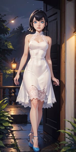 masterpiece, best quality, absurdres, perfect anatomy, 1girl, solo, outdoors, night, midnight, full_body, feet, standing_up, facing_viewer, looking_at_viewer, slim_body, large_bresast, mavis dracula, short hair, black hair, blue eyes, lace_wedding_dress, high_heels, bride_dress, white_dress,