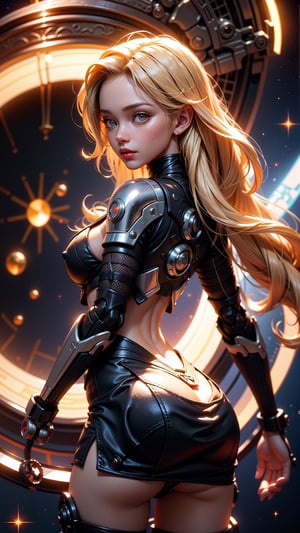 portrait of the most beautiful woman in the galaxy,cyborg woman,gorgeous flowing blonde hair,reflective metal robotic limbs and joints,perfect female body,slim waist,hourglass figure,muscular,outer space,horizon,zero dawn,machine,intricate,elegant,highly detailed,ray tracing,digital painting,artstation,concept art,smooth,sharp focus,illustration,art by artgerm and greg rutkowski and alphonse mucha,8 k Warp,Warpgate,so sexy it hurts,digitally painted by Tim Doyle,Kilian Eng and Thomas Kinkade,centered,circle,luminous,glitter,chromatic,princess peach ,fishnets ,mini skirt ,Big ass