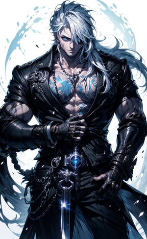 A handsome guy,holding knife, white hair, long_hair, scar on left eye, eye patch left, big_muscle, bare chest no shirt
