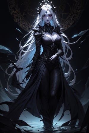 illustration, infinite landscape, frigid illumination, ingeniously designed, fascinating elegance,divine ratio , deep penumbra, subdued luminosity, Installation Art, Metal, a spectral woman in a flowing Black gown with, Nezha sorceress, lotus root mag,Circle