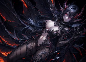(masterpiece, best quality, ultra -realistic,8k,photoshop)black demon dragon lord girl, scales on hand and foots,realistic skin, shiny colors,glass skin , clawed hands, big breasts, naked, reptile eyes, volcan, magma coming out of the ground, black sky, abyss void background,(FlamePrincess),mgedemon
