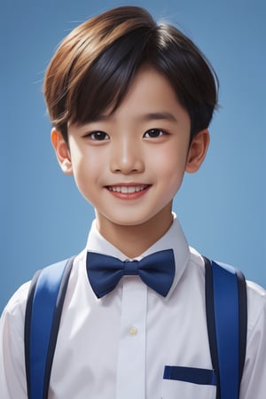 ((best quality)), ((masterpiece)), (detailed), (realistic),(Blue background),smile,school uniform,bow tie ,Chinese boy