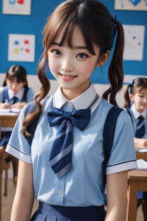 ((best quality)), ((masterpiece)), (detailed), (realistic),(Blue background),smile,school uniform,bow tie ,sharp focus on eyes,Korean girl