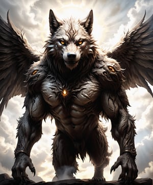 (Raw Photo:1.3) of (Ultra detailed:1.3) humanoid,Wolf(monster) , brown colours, shining eyes, highly detailed, digital painting, art,on parchment,The_Resurrectionist,mythical clouds,AngelicStyle