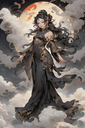 full body, divine ratio, perfect piercing eyes, Asian, , a spectral woman in a flowing Black gown with,mythical clouds