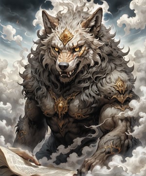 (Raw Photo:1.3) of (Ultra detailed:1.3) humanoid,Wolf(monster) , brown colours, shining eyes, highly detailed, digital painting, art,on parchment,The_Resurrectionist,mythical clouds