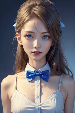 ((best quality)), ((masterpiece)), (detailed), (realistic),(Blue background),Slender, skinny, Flat Chest, small breasts, ,Red lips and white teeth,school uniform,bow tie ,sharp focus on eyes,Korean girl