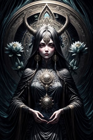 illustration, infinite landscape, frigid illumination, ingeniously designed, fascinating elegance,divine ratio , deep penumbra, subdued luminosity, Installation Art, Metal, a spectral woman in a flowing Black gown with, Nezha sorceress, lotus root mag,Circle,TifaFF7,magical circle