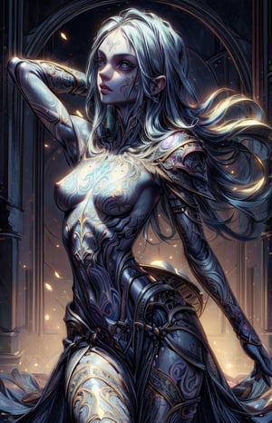 (masterpiece,  best quality, ultra realistic, photo realistic)1girl,skinny, flat chest, armor,arched back,tattoo