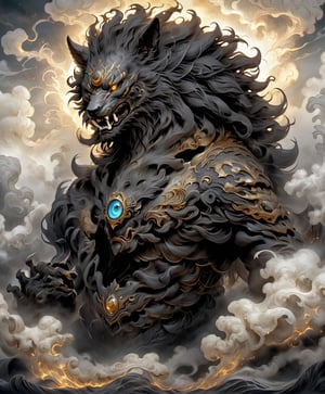 ((best quality)), ((masterpiece)), (detailed), (realistic),(Raw Photo:1.3) of (Ultra detailed:1.3) humanoid,dog, (monster) , Black colours, shining eyes, highly detailed, digital painting, art,on parchment,The_Resurrectionist,mythical clouds