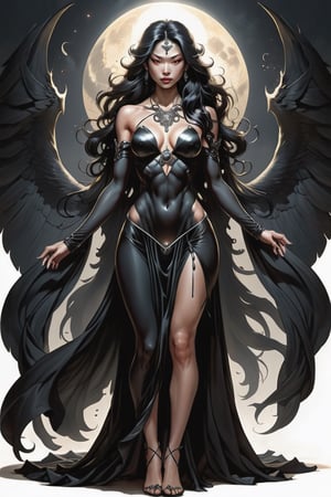 full body, In the style of Adam Kubert and Andy Kubert, divine ratio, perfect piercing eyes, Asian, , a spectral woman in a flowing Black gown with