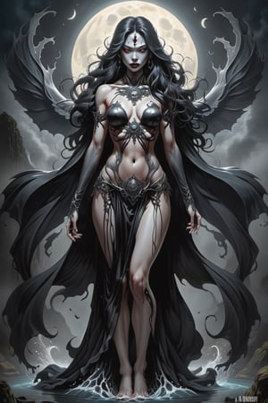 full body, In the style of Adam Kubert and Andy Kubert, divine ratio, perfect piercing eyes, Asian, Create an image that vividly portrays the haunting figure of La Llorona, a spectral woman in a flowing Black gown with