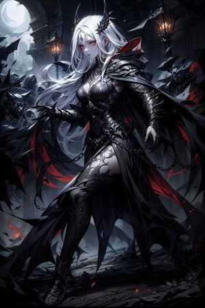 Create a (full shot:1.4) Seraphim ,monster (solo:1.5) He is wearing red cloak including hood, hand armors, leg armors, necklaces, chains, giant,drow