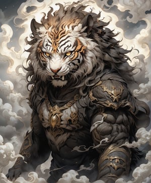 (Raw Photo:1.3) of (Ultra detailed:1.3) humanoid,Tiger(monster) , brown colours, shining eyes, highly detailed, digital painting, art,on parchment,The_Resurrectionist,mythical clouds
