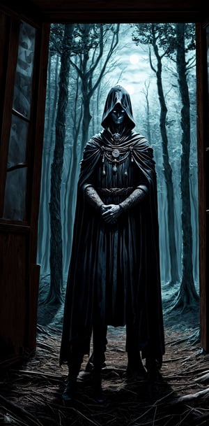 Create an image of a shadowy figure with piercing eyes, standing guard at the entrance of a forgotten forest. The moonlight reveals glimpses of intricate runes on the figure's cloak as it watches over the mystical woodland, Photographic cinematic super super high detailed super realistic image, 4k HDR high quality image, masterpiece 