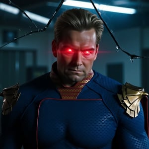 Superhero Homelander seethes in fury, his bright blue and gold costume glistening under harsh fluorescent lighting. A tattered cape billows behind him like a dark cloud, as if echoing the turmoil within. Red-hot eyes blaze from the cracked surface of a broken mirror, reflecting his wrathful gaze. The eerie glow casts an ominous ambiance, as if warning the world to tremble before this irate, caped crusader.