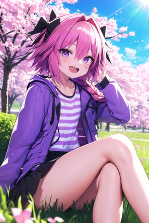 Astolfo, black skirt, long braid, braid, purple eyes, hair between eyes, striped, collarbone, hooded jacket, hair bow, 1boy, shirt, open clothes, black bow, pink hair, miniskirt, single braid, jacket, long hair, long sleeves, purple jacket, hair intakes, streaked hair, striped shirt ,More Detail, thicc_thighs, open mouth, wink, smile, 3d, cherry_blossoms, beautiful sky, sunshine, flowers, grass, fishnets, sitting down, 