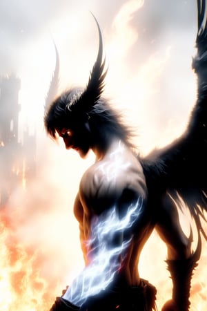 A darkened, smoldering landscape serves as the backdrop for DonMF1r3XL, a demon-like figure standing tall amidst apocalyptic ruins. His chiseled physique is illuminated by fiery tattoos, glowing red like embers, on his muscular arms and chest. Orange-irised eyes, framed by black eyelids, emit an otherworldly glow, as if infused with the essence of the inferno. Black ink tears stream down his face, conveying a sense of desperation and sorrow, while mulleted hair flows in every direction like flames. Demon wings ablaze on his back add to the hellish atmosphere, as he stands resolute, his determination forged from the very flames that consume him.