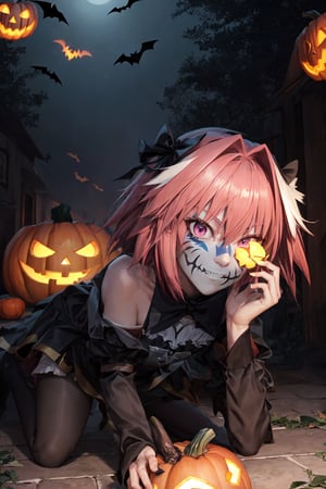 In a dark, misty night scene, Astolfo stands out in a black gothic dress, his face painted with a skull design. He holds a small pumpkin with an eerie jack-o-lantern face, while orange irises surround him. Bats fly overhead, and jack-o'-lanterns sit on the floor, casting an eerie glow. The high-resolution image (4K) captures every detail of Astolfo's spooky getup, his scary face painted with a skull design.