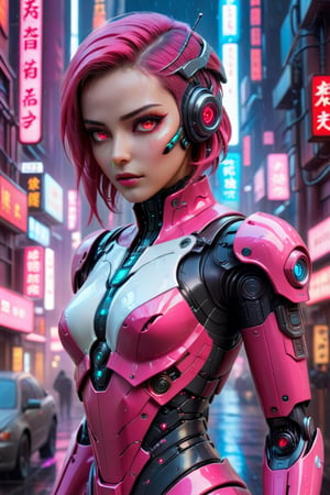 cyber girl, High detailed ,cyberpunk, Color magic, glitter, facing_viewer, high_resolution, 8k, cybernetic, cyber city ,night city ,cyberpunk style ,robotic_arms, hackedtech, raining, ,More Detail, cyber mask, pink eyes ,aw0k euphoricred style, Movie Poster, cyberpunk style, MoviePosterAF
