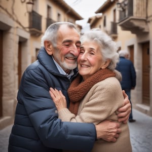Spanish marriage of people over 70 years old hugging and very happy, dressed in winter in a cute town, only two people, just a man and a woman