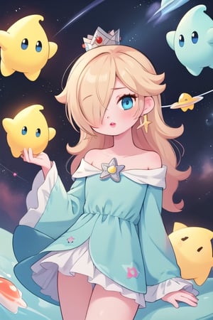 (((masterpiece))), high_resolution, high_quality, illustration, highres, 1girl, best_colors, Princess Rosalina, hair_over_one_eye, red_lips, blue_eyes, space, luma, 