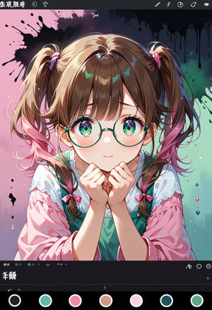 A shy painter girl, with middle bangs, fluffy and loose hair, double ponytails tied on her head, brown hair with pink pick-dyed hair, took off her round glasses with both hands and stared at the screen shyly. The background has ink elements, blue-green and pink gradient eyes, high picture quality, description of details, high quality