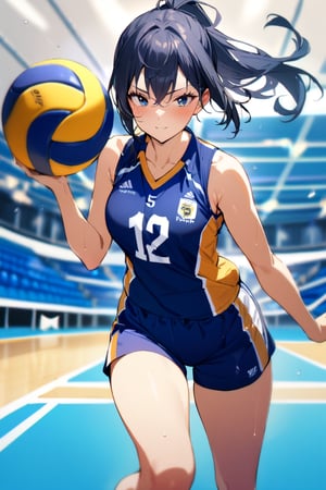 1girl, blue shorts, collarbone, cowboy shot, playing sports, shorts, sleeveless, sportswear, thighs, volleyball, volleyball uniform, masterpiece, best quality, very aesthetic, absurdres