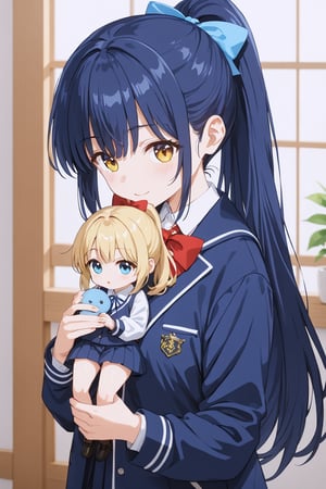 A 17-year-old girl with bangs and a high ponytail, wearing a blue loose Chinese school uniform jacket, holding a doll in both hands, the girl's expression is youthful and energetic, depicting folds, high picture quality, high details, the picture has ribbon elements, rich picture, and the character posture is flexible. Turn the female doll in your hand into a male doll.