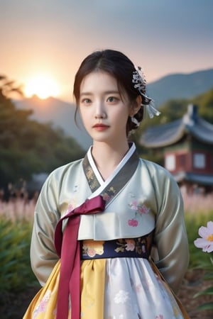  a woman wearing a hanbok with pusher clothes, a colored jeogori,yoona,hyojoo, Make your face clear,<lora:659111690174031528:1.0>