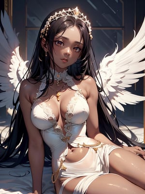 Beautiful Latin Afro Gril (masterpiece, highres quality:1.4), (sexy dark-skinned angel:1.5), large Angel wings on her back,  highly detailed, beautiful hips, wet, moist white see_through, sheer short gown trimmed in gold thin lace, beautiful large_breasts, beautiful lips, beautiful tiara on head,, very hard nipples, gown open, beautiful eyes, beautiful cleavage, perfect lighting, perfect skin, 
 around breasts, very long black hair,  dark shiny_skin, open cleavage shirt, long hair, detailed_cloudy background, very detailed,  full_body leaning on a detailed throne of clouds, beautiful bright sunlight, ,Korean